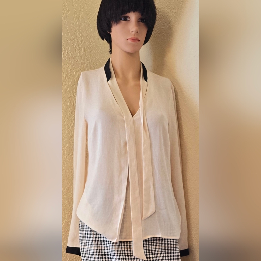 Express Cream and Black Tie Front Blouse